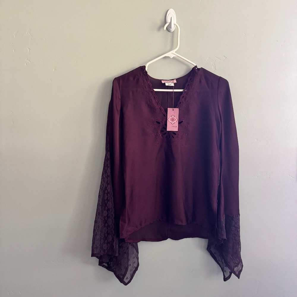 90’s vintage Maje Paris Deep Burgundy Lace Sleeve Blouse (NWT in size T1)